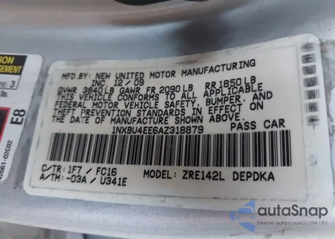 2010 Toyota Corolla Le from USA, damaged, VIN 1NXBU4EE6AZ318879